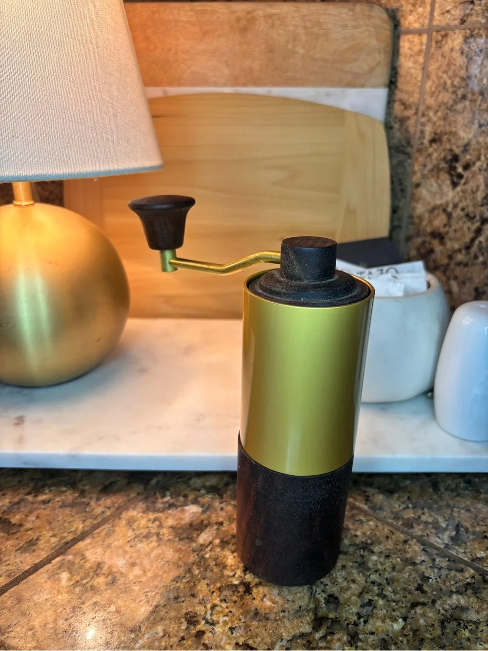 Vintage Mid Century Modern Manual Coffee Grinder Brass Tone Wood Hand Crank Burr